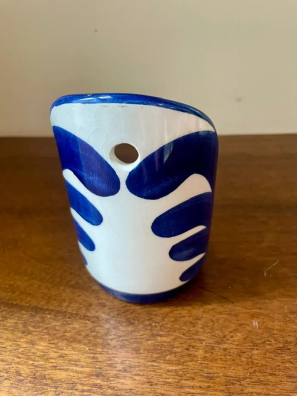 Folk Art Ceramic Blue & White Candle Holder Spain